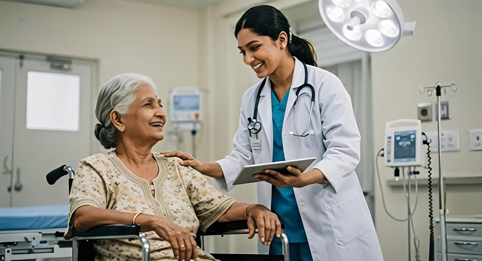 Doctor consulting with an elderly patient in a wheelchair