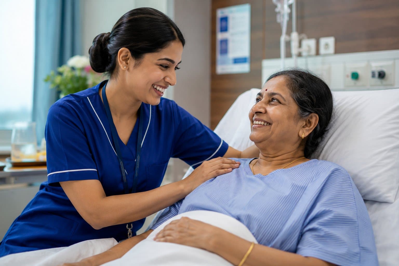 Nurse comforting an elderly patient at their bedside